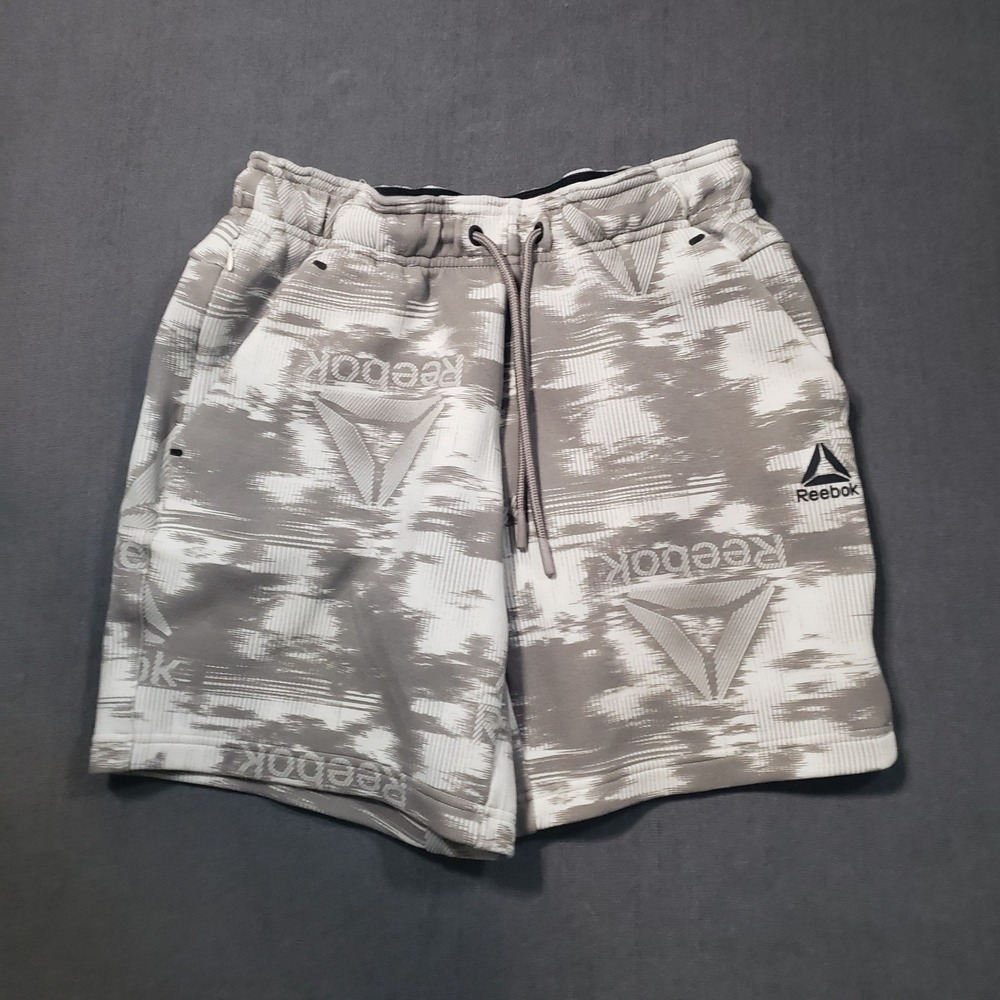 Reebok Athletic Shorts Mens Small Grey Graphic Print Drawstring Gym